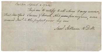 Document by Samuel Stillman certifying that Hartford Turner and Dinah Ned were married by him, 8 April 1784 Document by Samuel Stillman certifying that Hartford Turner and Dinah Ned were married by him, 8 April 1784