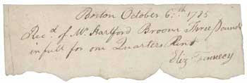 Receipt from Elizabeth Fennecy to Hartford Broom, 6 October 1785 Receipt from Elizabeth Fennecy to Hartford Broom, 6 October 1785