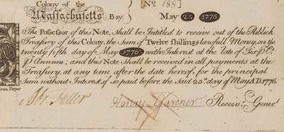 Indented 6% note, serial no. 188, issued by the Massachusetts Bay Colony on 25 May 1775 for twelve shillings Indented 6% note, serial no. 188, issued by the Massachusetts Bay Colony on 25 May 1775 for twelve shillings