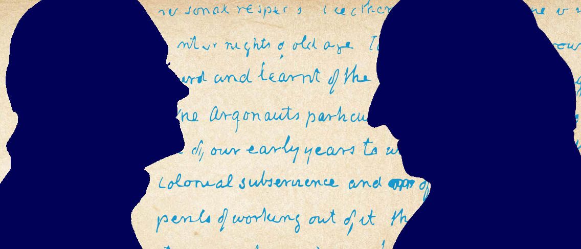 Silhouettes of two Jefferson and Adams overtop of a handwritten letter