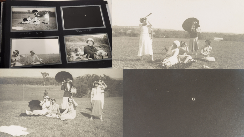 A collage of four, color photographs of four different black and white photographs, two side by side, two on top and two on bottom. From the top left, clockwise: A photograph of a black album page with four photographs on it, three are of the viewing party, one of a dark solar eclipse, there is white writing below the photographs. A photograph of the viewing party of six women mostly dressed in light colors, half are looking up to the sky either through viewers or a telescope, the other three are looking at each other or are turned away. A dark image with a small white flaring ring around a dark circle. A last picture of the viewing party, in this one all the women are holding viewers up to their eyes and are looking up at the sky.