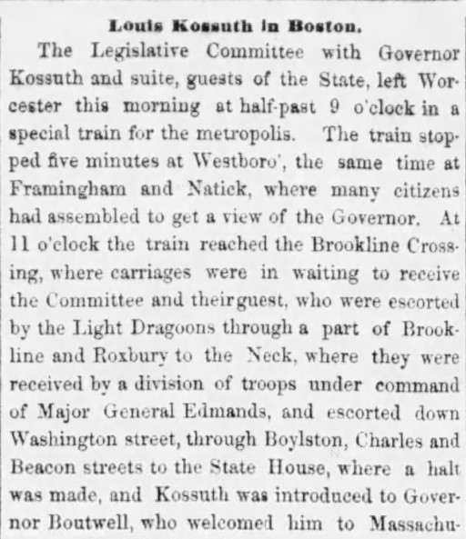 Screenshot of a portion of a newspaper article with the headline “Louis Kossuth in Boston.”