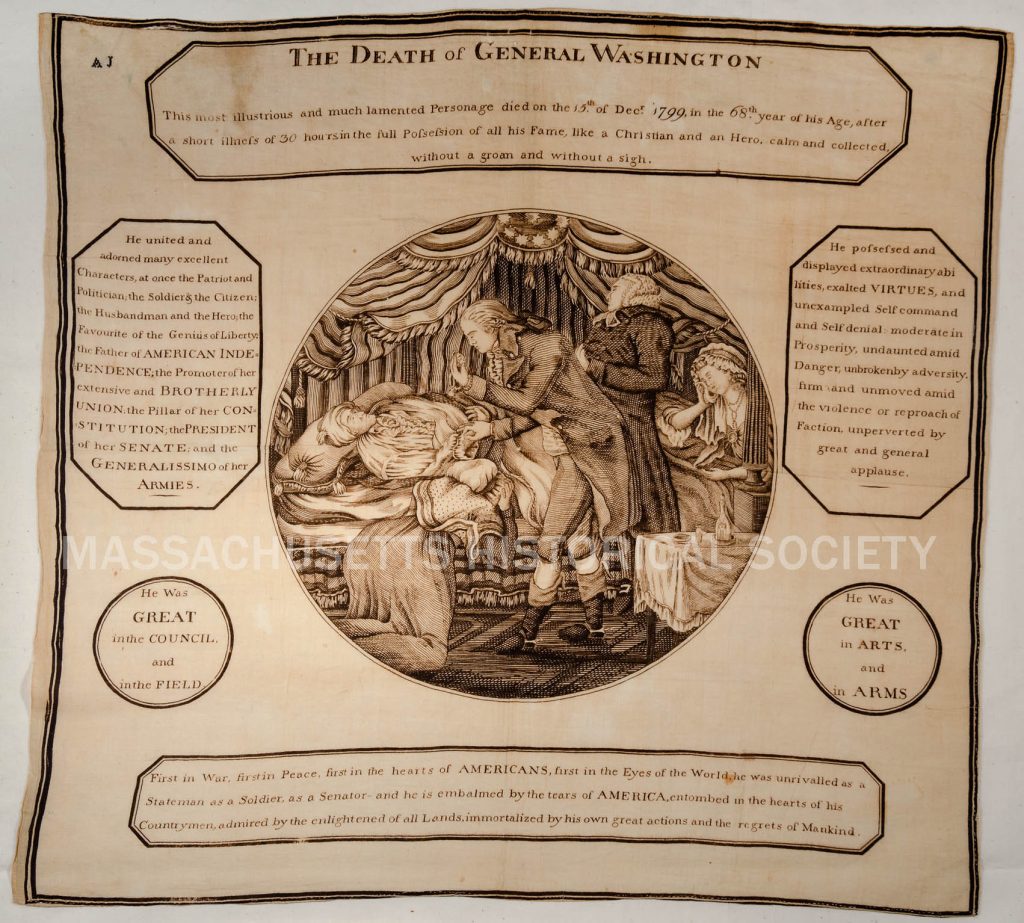 a cream handkerchief with a circular illustration in the center showing Washington on his deathbed with mourners standing over him. Around the illustration are text boxes in homage to Washington.