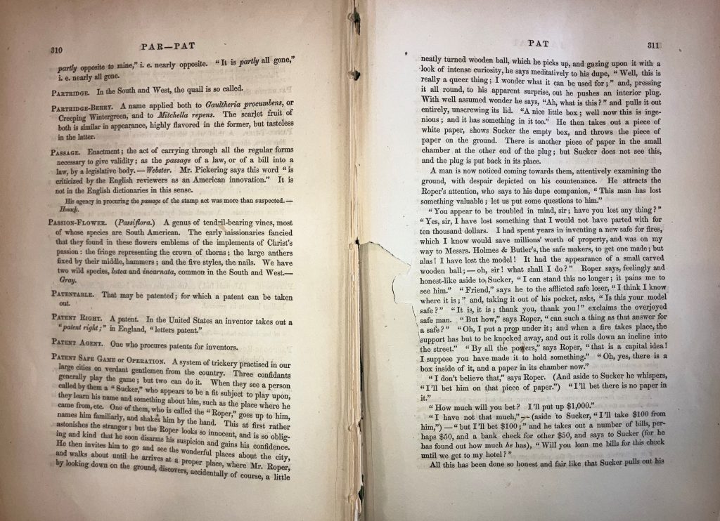 An open printed book with entries, including the Patent Safe Game or Operation.