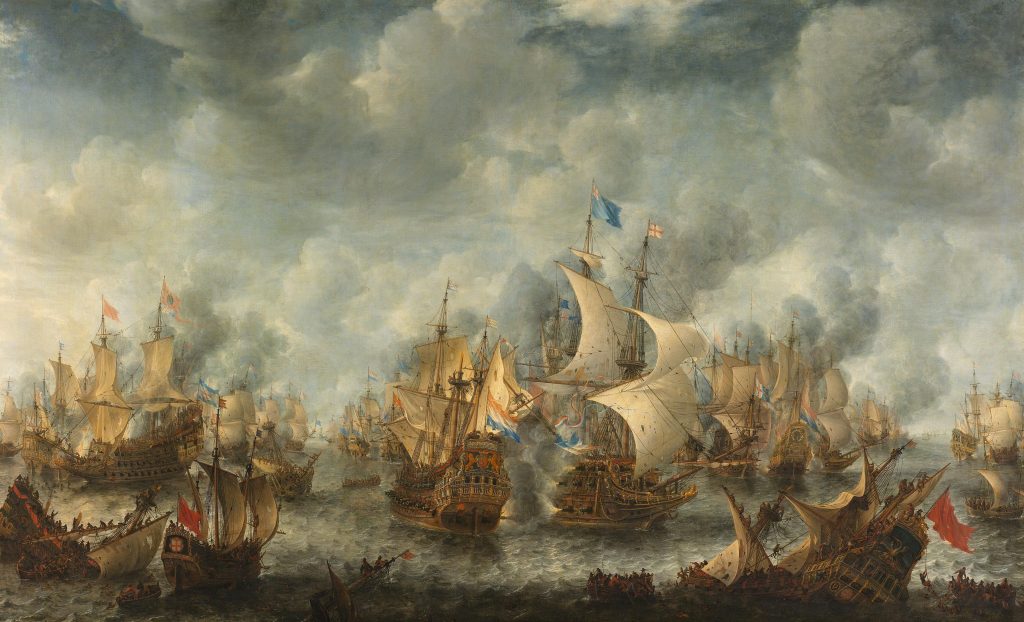 Painting depicting many sailing ships in a battle at sea with a stormy sky behind them