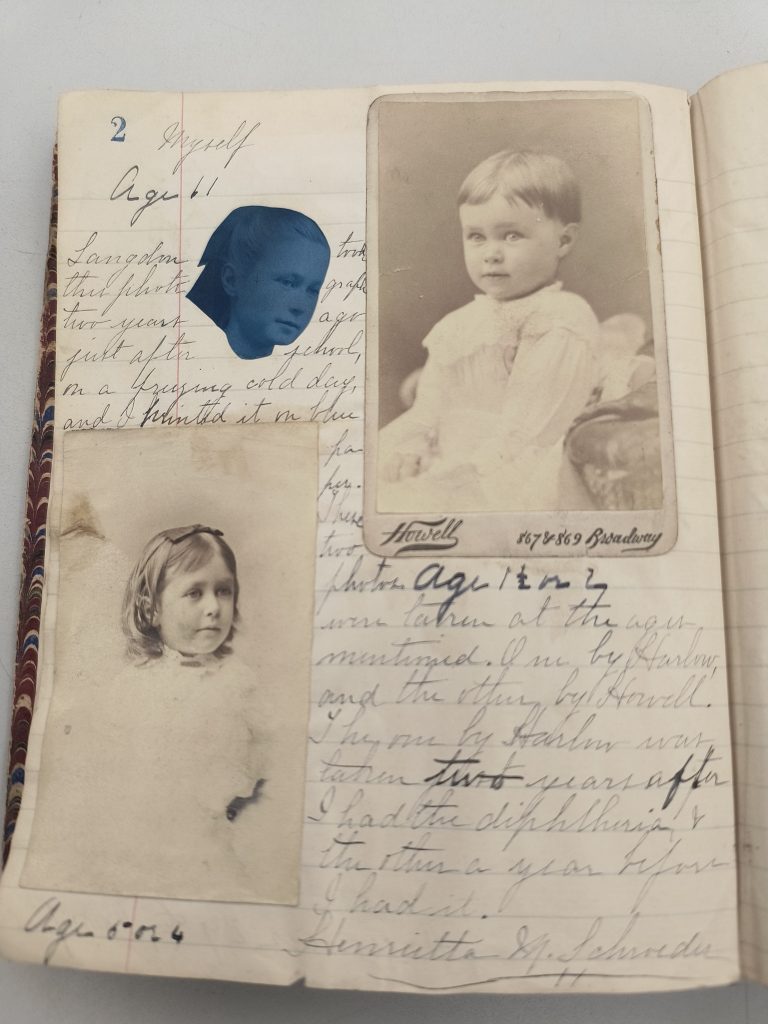 Color photograph of one page of a manuscript volume. At the top of the page is written, in black ink, the heading: “Myself.” Pasted to the page are three photographs of the same girl at different ages. Next to the photographs are written, “Age 1 ½ or 2,” “Age 5 or 4,” and “Age 11.” The page includes handwritten text around and between the photographs.