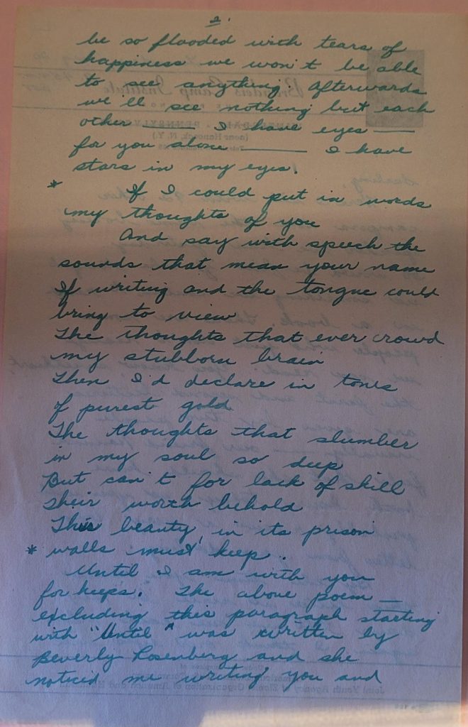 Handwritten letter in ink, including a poem that begins "If I could put in words my thoughts of you And say with speech the sounds that mean your name If writing and the tongue could bring to view The thoughts that ever crowd my stubborn brain Then I'd declare in tone of purest gold The thoughts that slumber in my soul so deep..."