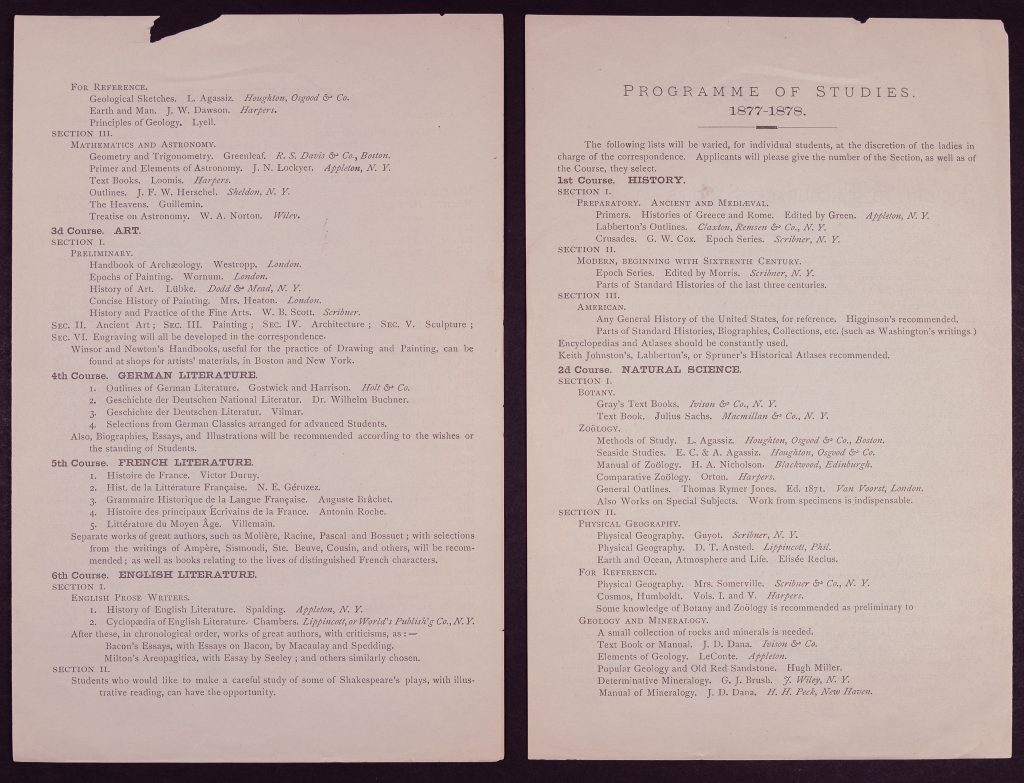 a spread from a printed document with lists of courses and textbooks, including history, natural sciences, art, German literature, French literature, and English literature
