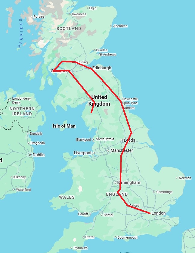 Color screenshot of Great Britain, with a red line tracing up the west coast of the island to Scotland and then down the east coast to London.