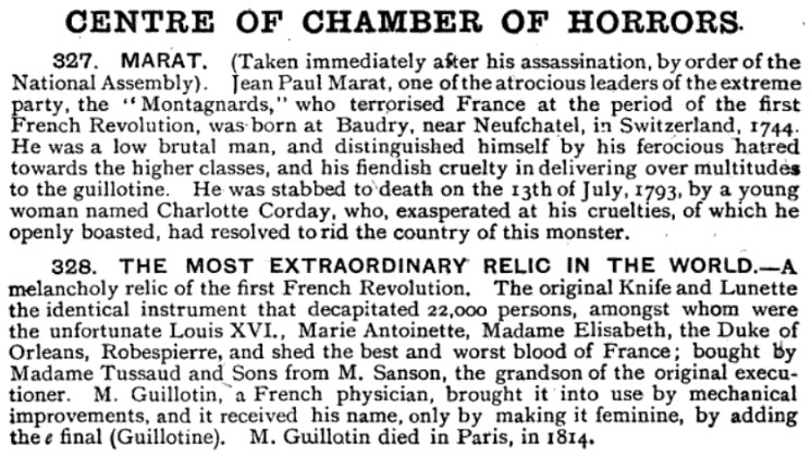 Screenshot of two paragraphs from a printed catalog, under the heading “Centre of Chamber of Horrors.” The two paragraphs are headed “327. Marat” and “328. The most extraordinary relic in the world.”