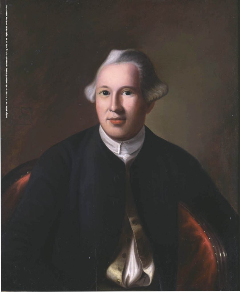 Oil painting of man with white wig and dark coat
