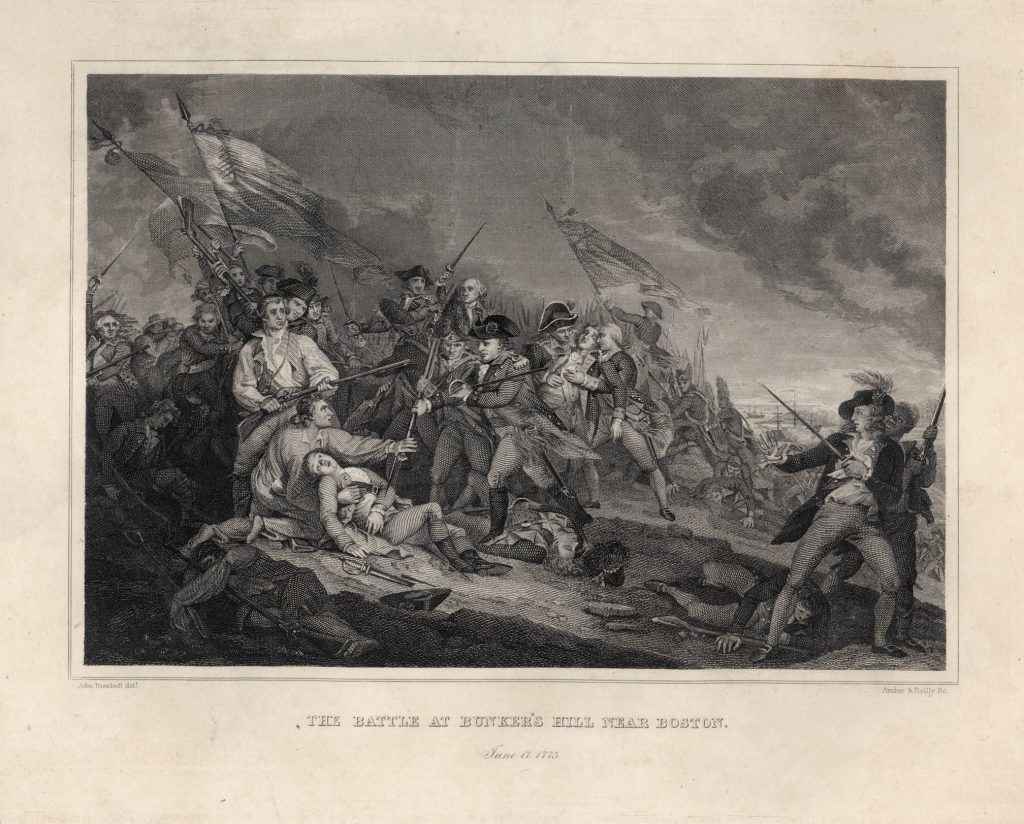Engraved scene of battle. In the foreground a crowd of soldiers gathers around a fallen man.