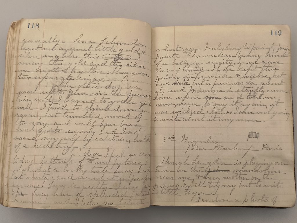 Color photograph of two open pages of a thick manuscript volume. The text is written in pencil and smudged in several places, and the pages are numbered 118 and 119 in the upper left- and right-hand corners.