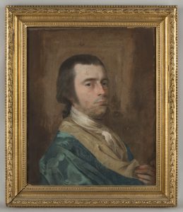 Portrait of a light-skinned man with brown hair. He wears a blue robe and white neckerchief.