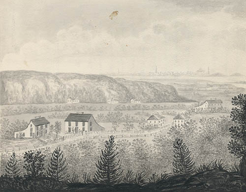 View of part of the town of Braintree, (now Quincy) : the birthplace of John Adams ... and of his son John Quincy Adams ... Ink wash on paper