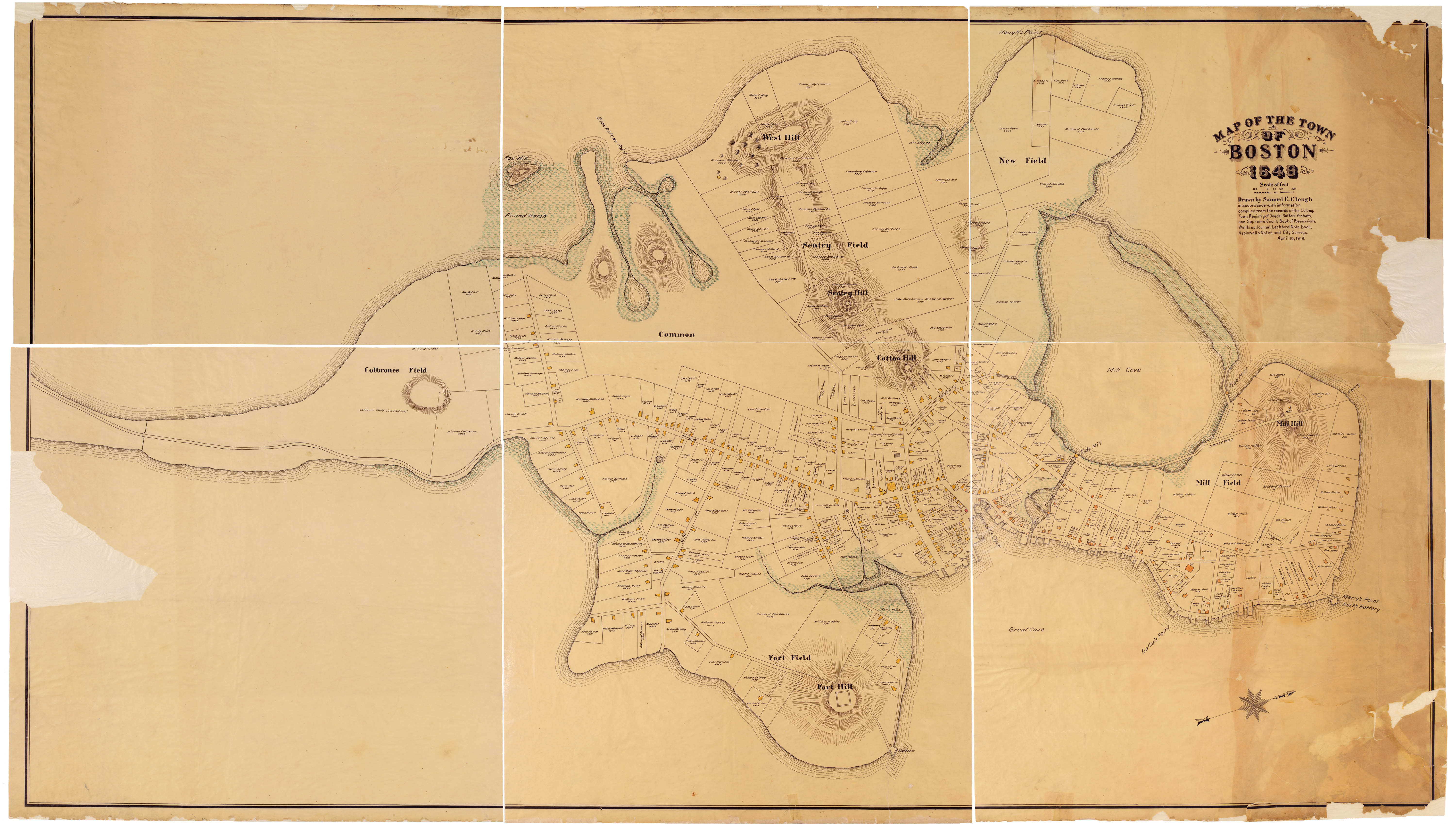 Clough's map of Boston in 1648, which bears a striking aesthetic resemblance to fire insurance and tax assessment maps