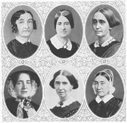 (Top row from left to right): Abby Kimber, Emily Winslow, Mary Grew; (bottom row from left to right): Elizabeth Neall, Abby Southwick, Sarah Pugh Photomechanical, halftone