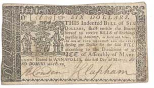 Maryland Assembly indented bill, 6 dollars, 1 March 1770 Paper currency