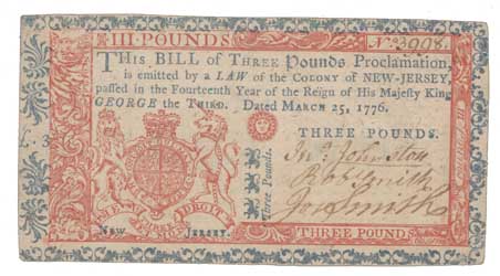 New Jersey Provincial Congress bill of credit, 3 pounds bill, 25 March 1776 Paper currency