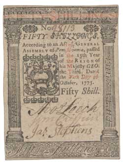 Pennsylvania General Assembly bill, 50 shillings, 1 October 1773 Paper currency