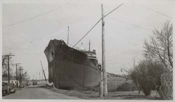 View of a ship run aground in Somerset, Massachusetts, after the New England Hurricane of 1938 View of a ship run aground in Somerset, Massachusetts, after the New England Hurricane of 1938