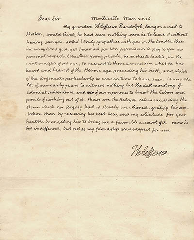 Letter from Thomas Jefferson to John Adams, 25 March 1826 Manuscript