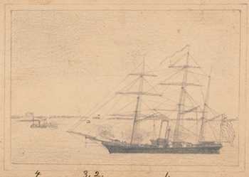 Illustration of a ship, pencil drawing by C. H. Fernald, 1863 