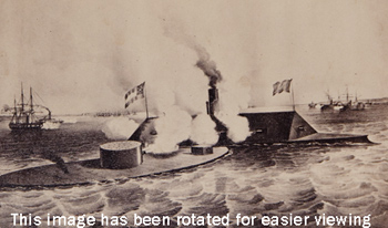 `The Monitor, 2 guns, and Merrimac, 10 guns, in Hampton Roads, March 9th, 1862.` Carte de visite