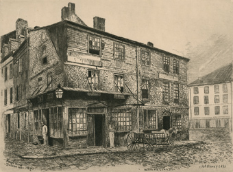 Kings Head Tavern 1660-1870: North and Lewis St. Etching, black and white