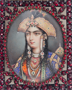 Empress Mumtaz Mahal Miniature portrait, watercolor on ivory, set all over with red garnets Empress Mumtaz Mahal Miniature portrait, watercolor on ivory, set all over with red garnets