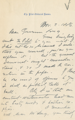 Letter from John Boyle O`Reilly to John D. Long, 2 November 1886 Manuscript
