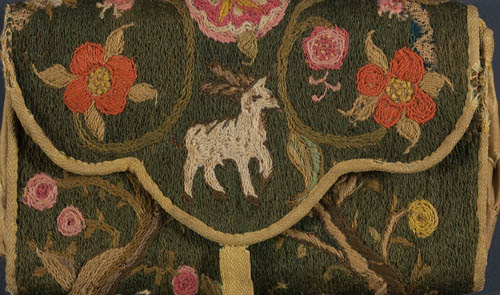 Pocketbook belonging to Benjamin Stuart Homespun linen, wool thread, silk lining