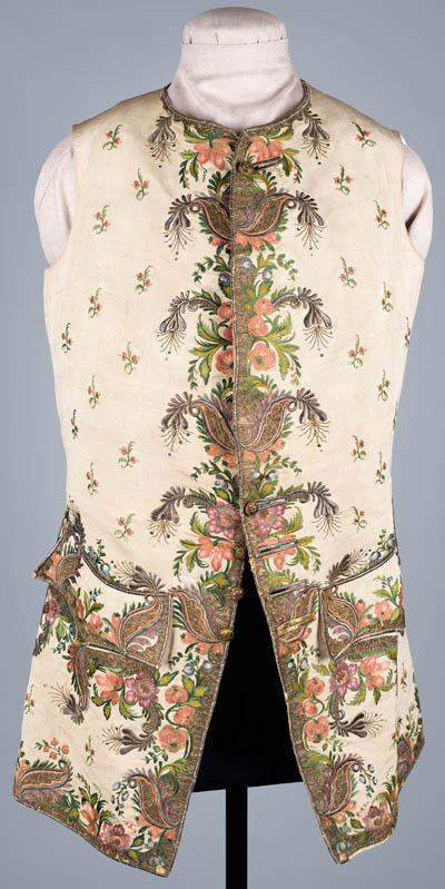Waistcoat belonging to William Tailer Silk, multicolor silk threads, gold foil, metallic threads and gold spangles Waistcoat belonging to William Tailer Silk, multicolor silk threads, gold foil, metallic threads and gold spangles