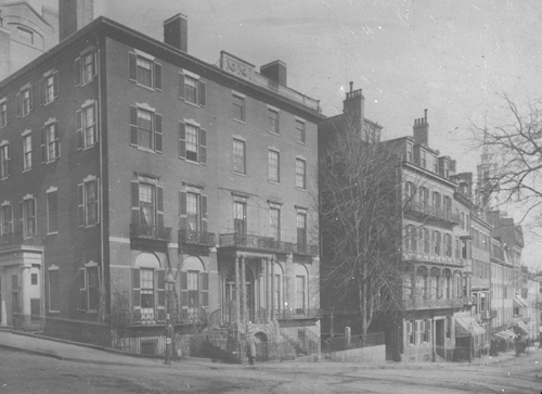 `Looking down Park St., cor. Beacon & Park St.` Lantern slide
