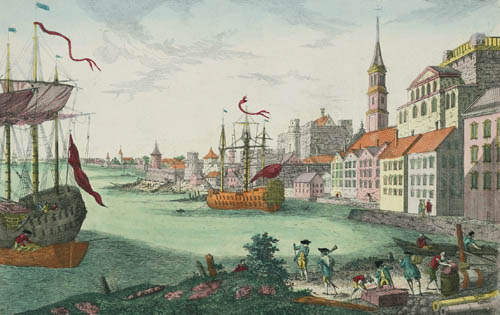 Vuë de Boston : Prospect von Boston gegen der Bucht am Hafen [Vuë de Boston vers le Cale du Port] Hand-colored etching