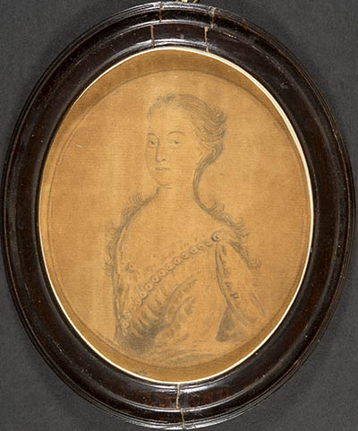 Ann Dudley Winthrop [Mrs. John Winthrop, F.R.S.] Miniature portrait, graphite and ink wash on wove paper