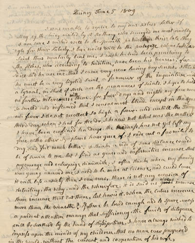 Letter (draft) from Abigail Adams to Elizabeth Smith Shaw Peabody, 5 June 1809 Manuscript
