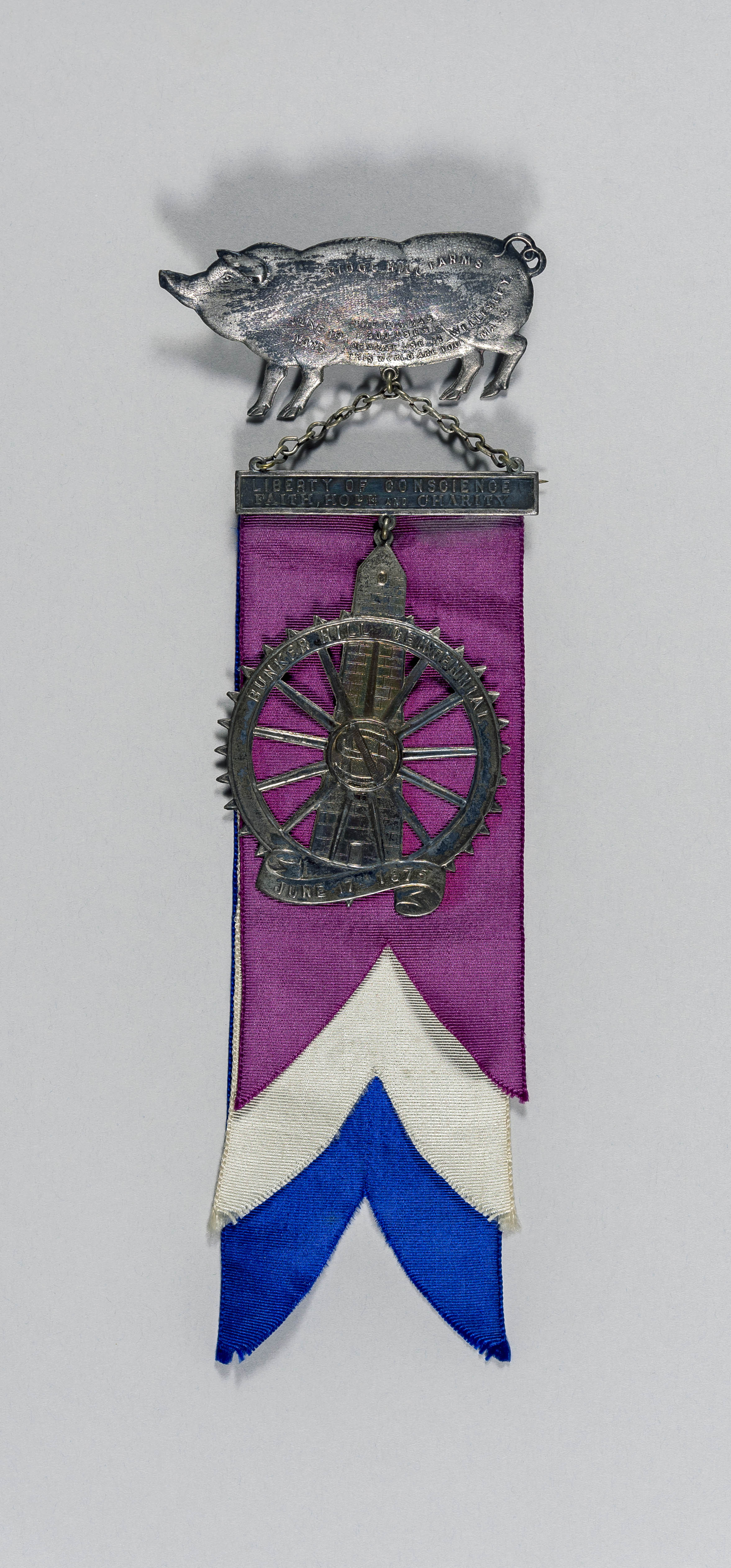 Bunker Hill centennial badge White metal, grosgrain ribbon