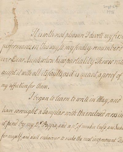 Letter from Elizabeth Byles to Mary Byles, 29 September 1778 Manuscript