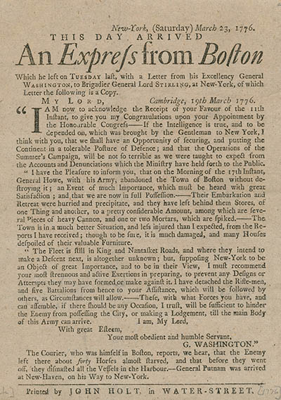 New-York, (Saturday) March 23, 1776 : this day arrived an express from Boston which he left from Tuesday last, with a letter from his Excellency General Washington ... Broadside