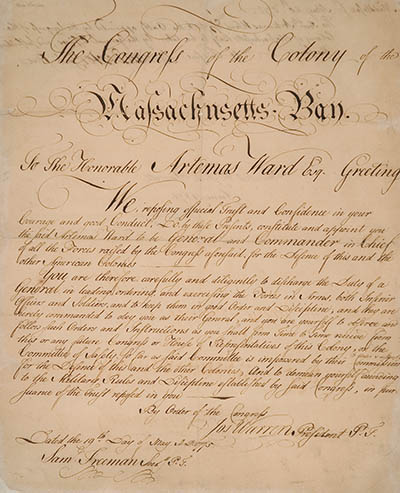 Commission appointing Artemas Ward general and commander in chief of Massachusetts forces, 19 May 1775 Manuscript