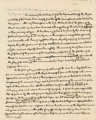 Statement from John Quincy Adams to the Committee of Notification of U.S. House of Representatives (draft), 10 February 1825 Manuscript