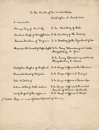 Nominations of cabinet/diplomatic officials (list) from John Quincy Adams to the U.S. Senate, 5 March 1825 Manuscript
