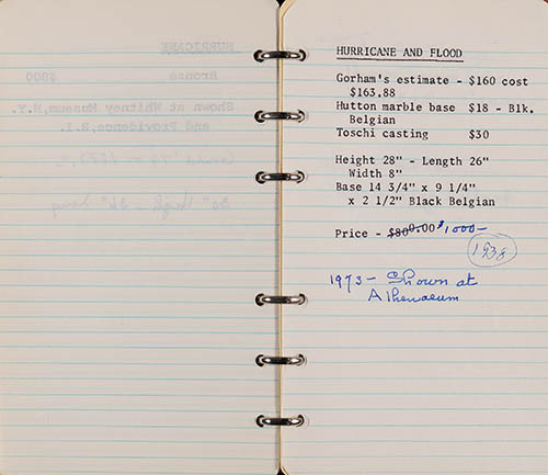 Amelia Peabody sculpture records, 1960s, notebook page with entry, `Hurricane and Flood` Manuscript