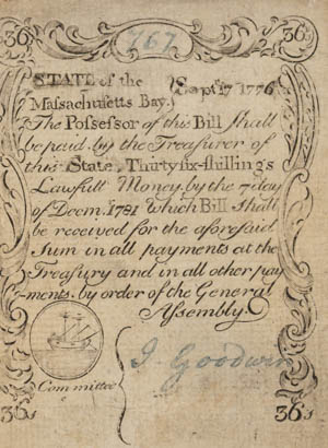 Legal tender bill, serial no. 767, issued by the State of the Massachusetts Bay for thirty-six shillings on 17 September 1776 