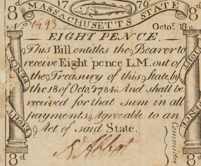Legal tender `Codfish bill`, serial no. 1493, issued by the State of the Massachusetts Bay for eight pence on 18 October 1776 and due 1784 