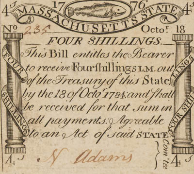 Legal tender `Codfish bill`, serial no. 235, issued by the State of the Massachusetts Bay for four shillings on 18 October 1776 and due 1784 