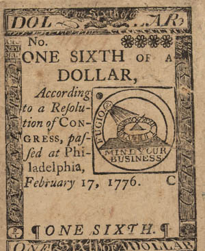 Continental currency, serial no. 31929 series C, issued by Congress on 17 February 1776 for one sixth of a dollar 