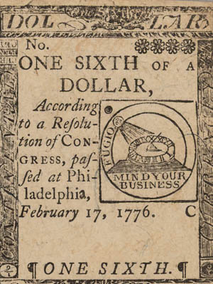 Continental currency, serial no. 45960 series C, issued by Congress on 17 February 1776 for one sixth of a dollar 