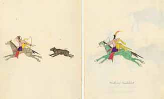 Native Americans hunting bear Ink, watercolor, colored pencil on wove paper,